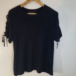 Banana Republic Black Crochet Knit Eyelet Detail Lace Up Sleeves Top